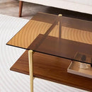 Rectangle Coffee Table, Mid-Century Modern Design, L41 W21 x H17, for Living Room, 2-Tier Structure, Amber Glass Top and Walnut MDF Shelf, Sleek Conical Metal Legs with Gold Finish by CozyNest Decor