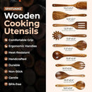 SPATUAMZ Natural Kitchen Utensils Set Wooden, Teak Wooden Spoons for Cooking, Wooden Utensils Set of 9 for Any Kitchen