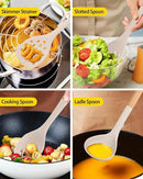 Silicone Kitchen Utensil Set for Non Stick Cookware, 7 Pcs Heat Resistant Cooking Utensils with Wooden Handle, BPA Free Kitchen Tools with Spatulas, Spoons, Skimmer and Pasta Fork (KHAKI) by CozyNest Decor