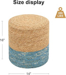 Pouf Ottomans, Handwoven Natural Straw Footstool, Round Braided Outdoor Patio Stool with Wood Frame, Boho Decor Accent Seat Balcony, or Garden (Blue) by CozyNest Decor