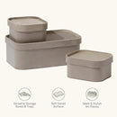 La Jolie Maison Velvet Storage Baskets with Lids, Sturdy Stackable Cardboard Boxes with Decorative Trays, Organizer Bins for Bathroom Bedroom Organizing, Taupe, Set of 3 by CozyNest Decor