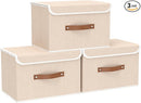 Yawinhe Collapsible Storage Boxes, Linen Fabric Baskets, Bin with lid and Leather Handle, Washable, for Home, Closet, Beige, 17.7''Lx11.8''Wx11.8''H, 3-Pack, USNK024BEX-3 by TinyTreasures Baby Boutique