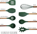 Country Kitchen Non Stick Silicone Utensil Set with Rounded Wood Handles for Cooking and Baking, 8 Piece Set, Green by CozyNest Decor