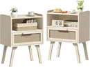 Lerliuo Rattan Nightstands Set of 2, Side Table with Drawer Open Shelf, Cane Accent Bedside End Table, Mid Century Modern Night Stand for Bedroom, Dorm and Small Spaces (Grey White) by CozyNest Decor