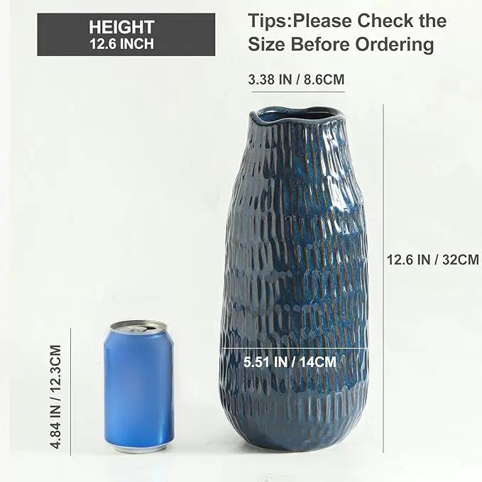Blue Ceramic Vase for Home Decor, 12.6 Inch Tall Flower Vase with Modern Textured Finish,Decorative Floor Vase for Pampas Grass, Entryway, Living Room, Dining Table, Farmhouse or Office, photo 2 of 8