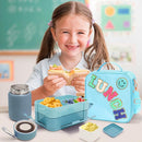 Kids Lunch Bag with 10oz Thermos, with 6 Compartment Bento Box, Blue Nylon Insulated Preppy Lunch Box Adjustable Strap Birthday Gift for Girl Kids Teens Picnic School Travel by TinyTreasures Baby Boutique