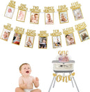 First Birthday Photo Banner Monthly Milestone Photograph Bunting Garland with First Birthday Cake Topper High Chair Banner 1st Birth Decorations by TinyTreasures Baby Boutique