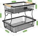 2 Tier Fruit Basket for Kitchen Counter with 2 Banana Hangers, Countertop Metal Fruit Bowl with Wooden Handle, Large Storage Stand for Vegetables, Snacks, Breads, Produce Storage – Black by CozyNest Decor