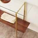 Glass Console Table for Living Room, Foyer & Entrance, 2-Tiers Mid-Century Modern Sofa Table with Clear Glass Top, Walnut Finish Wood Top and Gold Finish Metal Frame by CozyNest Decor