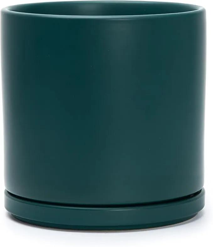 D'vine Dev 8 Inch Ceramic Planter Pot with Drainage Hole and Saucer, Indoor Cylinder Round Planter Pot, Teal, 94-O-D-9