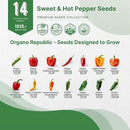 Organo Republic 14 Sweet & Hot Peppers Seeds Variety Pack - 1,030+ Non-GMO Heirloom Pepper Seeds for Outdoor and Indoor Home Gardening, Including Pepper Cayenne, Habanero, Jalapeno, Poblano, Serrano by GreenHaven Gardens