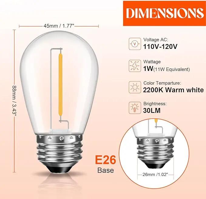 48 Pack Shatterproof LED Replacement Bulbs for Outdoor String Lights, S14 Edison Bulbs for Patio String Lights Outdoor Waterproof, Warm White 2200K, Dimmable, E26 Standard Base, photo 7 of 8