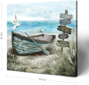 Bathroom Wall Art Coastal Décor Nautical Boat on Beach Canvas Picture Ocean Seagull Seascape Canvas Print Sea Bird Farmhouse Artwork for Seashore Bedroom Living Room Small Square Blue Teal 14x14" by CozyNest Decor