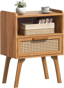 Lerliuo Rattan Nightstand, Side Table with Drawer Open Shelf, Cane Accent Bedside End Table with Solid Wood Legs, Mid Century Modern Night Stand for Bedroom, Dorm and Small Spaces (Tea Brown) by CozyNest Decor