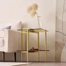 Glass End Table, Mid-Century Modern Design Sofa Table, for Living Room, 2-Tier Structure, Clear Glass Top and Walnut MDF Shelf, Sleek Conical Metal Legs with Gold Finish Frame by CozyNest Decor