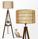 Boho Tripod Floor Lamp with Shelves, Mid Century Wood Standing Lamp with Rattan & Fabric Shades, ON/Off Foot Switch, Modern Farmhouse Tall Floor Lamps for Living Room Bedroom Office by CozyNest Decor