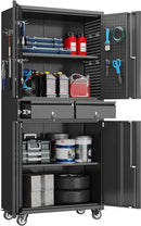 Metal Garage Storage Cabinet with Locking Doors and 2 Adjustable Shelves, Rolling Tool Storage Cabinet with 4 Wheels and 2 Drawer for Garage, Warehouse, Black, Assembly Required by GreenHaven Gardens