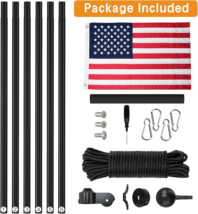 NELXINJO 25FT Sectional Flag Pole Kit, Heavy Duty Aluminum Outdoor In-Ground Flagpole, Black Ball Top, 3x5 USA Flag for Residential commercial Outdoor Garden(25FT, Black), photo 5 of 6