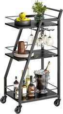 Bar Cart, Bar Cart for The Home, Small Bar Cart on Wheels, Beverage Cart, Home Bar Serving Cart with Glass Holder, Drink Cart for Bar, Kitchen, Dining, Marble Black and Black BC03BM by CozyNest Decor