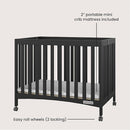 Child Craft London Mini Compact Folding Portable Crib with 2” Crib Mattress and 2 Easy Roll Locking Wheels, Durable Pine Wood Construction (Ebony Black) by TinyTreasures Baby Boutique