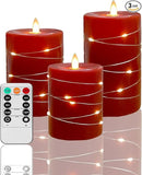 Red flameless Candles with Remote Control Timer Battery Operated LED Pillar Candles 4‘’ 5‘’ 6‘’ Fake Candles with String Lights Set of 3 for Christmas or Special Festivals Decorations by CozyNest Decor