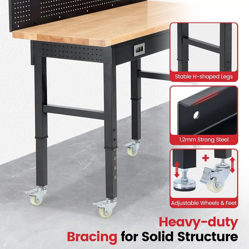 Workbench with Wheels 60 x 22 Inch Heavy Duty Rubber Wood Tabletop Work Bench with Pegboard, Drawers, Power Outlets Adjustable Height Work Table for Woodworking Shop, Home, Office, photo 4 of 6