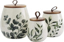 TTU Tabletops Gallery Ceramic Canister Collection- Stoneware Designed Kitchen Storage Acacia Wood White Set, 3 Piece Green Leaf Canister Set by CozyNest Decor