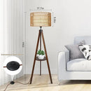 Boho Tripod Floor Lamp with Shelves, Mid Century Wood Standing Lamp with Rattan & Fabric Shades, ON/Off Foot Switch, Modern Farmhouse Tall Floor Lamps for Living Room Bedroom Office by CozyNest Decor