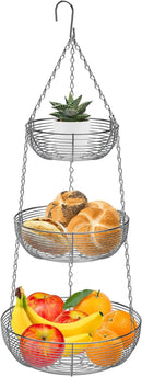 CAXXA 3-Tier Hanging Basket Fruit Organizer Kitchen Heavy Duty Wire Organizer with 2 Free Bonus Metal Ceiling Hooks, Chrome by CozyNest Decor