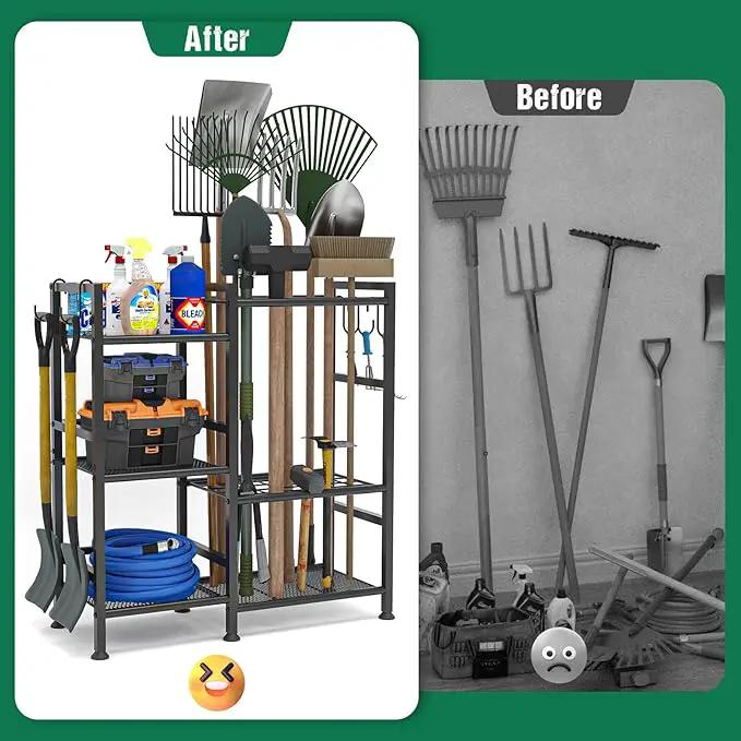 keomaisyto Garden Tool Organizer for Garage Organization, 3 Tier Yard Tool Storage Rack with 35 Long-Handled Tool Slots, Heavy Duty Garden Tool Holder with Large Hooks for Shed, Yard, Garage, photo 6 of 7