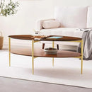 Oval Glass Coffee Table, Mid-Century Modern Design, L43 x W22 x H17 inch, 2-Tier Structure, Olive Shaped Amber Glass Top and Walnut Finish Wood Shelf, Tapered Legs with Gold Finish Frame by CozyNest Decor
