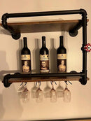 Wine Rack Wall Mounted 2 Tier, Hanging Floating Small Mini Bar Liquor Shelves with Glass Holder Storage Under, Industrial Rustic Pipe Farmhouse Kitchen Decor Black(23.6x10.6x19.7) by CozyNest Decor