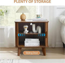 Farmhouse Square End Table with Charging Station, 24" Large Fluted Sofa Side Table with Sliding Tambour Door and Storage, Rustic Curved Wood Nightstand for Living Room, Bedroom, Walnut by CozyNest Decor
