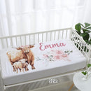 Personalized Baby Crib Bedding Set for Baby Girls, Pink Highland Cow Pattern Custom Name Baby Crib Sets 5-Pcs, Toddler Double Layer Blanket Fitted Sheets Changing Pad Cover Rug Wall Art Set by TinyTreasures Baby Boutique