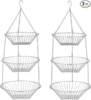 3-Tier Wire Fruit Hanging Basket 2 Packs, non-Punching Wall Hanging Storage, Kitchen Bathroom Organization Basket, Suitable for Bathroom, Kitchen, Closet, Garden, Chrome by CozyNest Decor