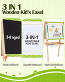 Kids Easel 3-1 Adjustable Art Easel Wooden Drawing Board Double-Sided with Magnetic Whiteboard & Chalkboard for Ages 3-8, Foldable Design Includes Paper Roll by TinyTreasures Baby Boutique