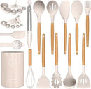 Silicone Cooking Utensils Set - Silicone Kitchen Utensils for Cooking Wooden Handles, 446°F Heat Resistant Kitchen Utensil Spatula Sets w Holder, Gadgets for Non-Stick Cookware BPA FREE (Khaki)