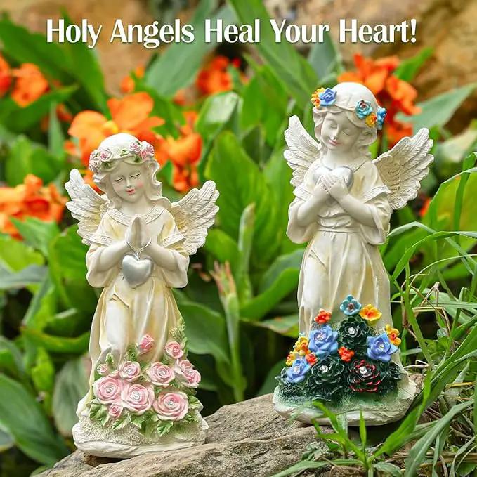 Angel Garden Statue 2Pcs,Love Heart Solar Garden Decor with Warm Light,Waterproof Praying Angel Statue with Flowers,Outdoor Garden Decor Sculpture for Lawn Yard Patio Garden Gifts,Apricot, photo 6 of 8