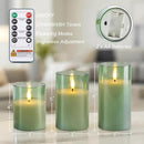 Homemory Green Glass Flameless Candles, Battery Operated LED Pillar Candles with Remote Control and Timer, Radiance Candles, Real Wax, Set of 3,D3 xH4 5" 6" by CozyNest Decor