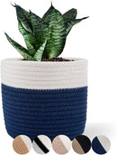 Cotton Rope Plant Basket Woven Baskets for 6" Pot Floor Indoor Planters,Rustic Home Decor H6 3/4" x W6 1/2" White Stitching Navy Blue by CozyNest Decor