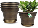 Plant Planters Pots Set of 4 Pack 8 Inch, Plastic Flower Pot for Indoor Plants with Drainage Holes & Trays, Resin Decorative Container Sets with Saucer for House Outdoor Garden Planters Dark Gold by GreenHaven Gardens