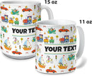 Personalized Mug for Kids - Vehicles - Custom Name/Text, Ceramic Hot Chocolate/Cocoa/Coffee Cup for Boys, Birthday/Christmas/Holiday Gift - 11 oz, Pink Handle by TinyTreasures Baby Boutique