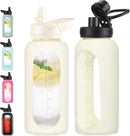 32 oz Glass Water Bottle with Straw and Handle, Sports Motivational Water Flask with Silicone Sleeve, Large Leakproof Water Flask Cup with Time Marker for Travel, Gym, Cream by CozyNest Decor