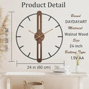 Modern Walnut Dial Wall Clock, Wood Large Wall Clock Decor Metal Frame Silent Non Ticking for Living Room, Bedroom, Kitchen, Study Decoration, Handmade Home Present Idea, 24 in （60 cm） by CozyNest Decor