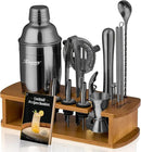 KITESSENSU Cocktail Shaker Set Bartender Kit with Stand | Bar Set Drink Mixer Set with All Essential Bar Accessory Tools: Martini Shaker, Jigger, Strainer, Mixer Spoon, Muddler, Liquor Pourers | Black by CozyNest Decor