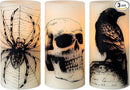 Wondise Halloween Flickering Flameless Candles with 6hrs Timer, Battery Operated LED Real Wax Candles Set of 3 Skull, Spider Web, Crow Raven Decals Halloween Home Decoration Gifts(3 x 3 x 6 Inch) by CozyNest Decor