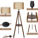 Boho Tripod Floor Lamp with Shelves, Mid Century Wood Standing Lamp with Rattan & Fabric Shades, ON/Off Foot Switch, Modern Farmhouse Tall Floor Lamps for Living Room Bedroom Office by CozyNest Decor