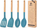Pack of 4 Silicone Cooking Utensils Set, Non Stick Solid Spatulas and Heat Resistant Slotted Spoons with Wooden Handle, Ideal Wood Kitchen Utensils Set for Frying,Serving,Turning,Stirring (BLUE) by CozyNest Decor