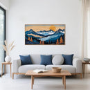 Blue Woodcut Mountain Framed Canvas Wall Art Set, Boho Abstract Ridge Wall Decor, Pine Tree Landscape Wall Painting, Sunrise Forest Art Print for Living Room, Bedroom, Office - 20"X40" by CozyNest Decor