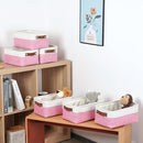 DULLEMELO Small Storage Baskets 6 Pack, Fabric Collapsible Gift Storage Baskets for Shelves, Closets, Nursery, Home, Office Organizing,Small Canvas Linen Rectangular Storage Bins (6-Pack, White&Pink) by TinyTreasures Baby Boutique